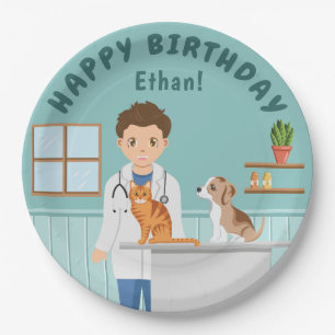 Plato De Papel Cumpleaños Feliz Veterinario Niño Dibujos Animados