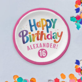 Plato De Papel Cumpleaños Femenino Colorido con Tipografía Acuare