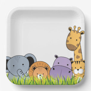Plato De Papel Cumpleaños Fiesta Animales Safari Dibujos Animados
