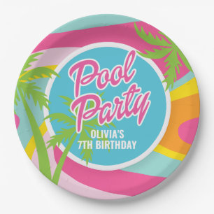 Plato De Papel Cumpleaños Fiesta en la Piscina de Malibu Rosa
