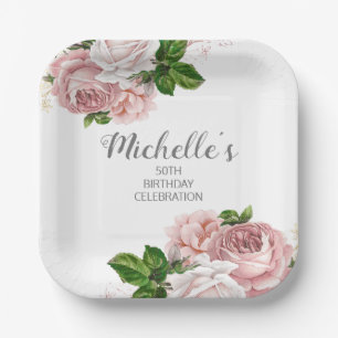 Plato De Papel Cumpleaños floral acuarela rosa personalizado