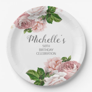 Plato De Papel Cumpleaños Floral Acuarela Rosa Rubor Vintage