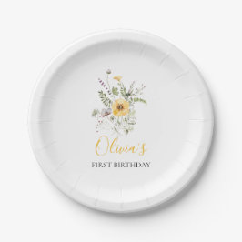 Plato De Papel Cumpleaños floral acuarela wildflower primero