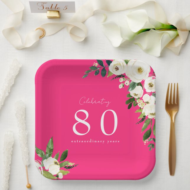 Plato De Papel Cumpleaños Floral Blanca Rosa Caliente (Boda)