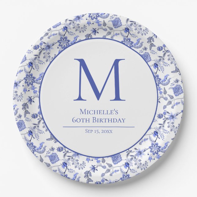 Plato De Papel Cumpleaños Floral Blanco Azul Monograma Antiguo (Anverso)