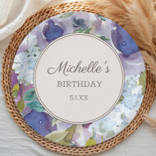 Plato De Papel Cumpleaños floral de acuarela azul polvoriento lil