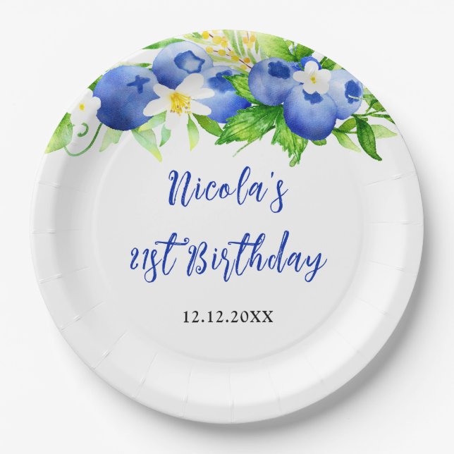 Plato De Papel Cumpleaños Floral de Arándano (Anverso)
