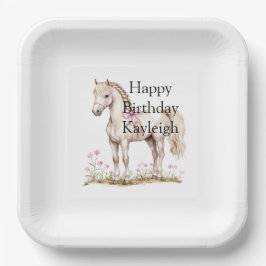 Plato De Papel Cumpleaños Floral de Bow Rosa de Caballo Blanco