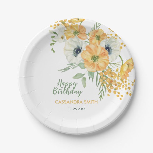 Plato De Papel Cumpleaños Floral de Primavera naranja y Anemone B (Anverso)