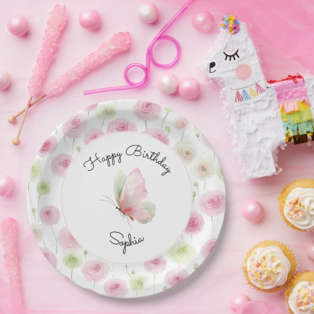 Plato De Papel Cumpleaños floral de ranúnculo rosa menta (Fiesta)
