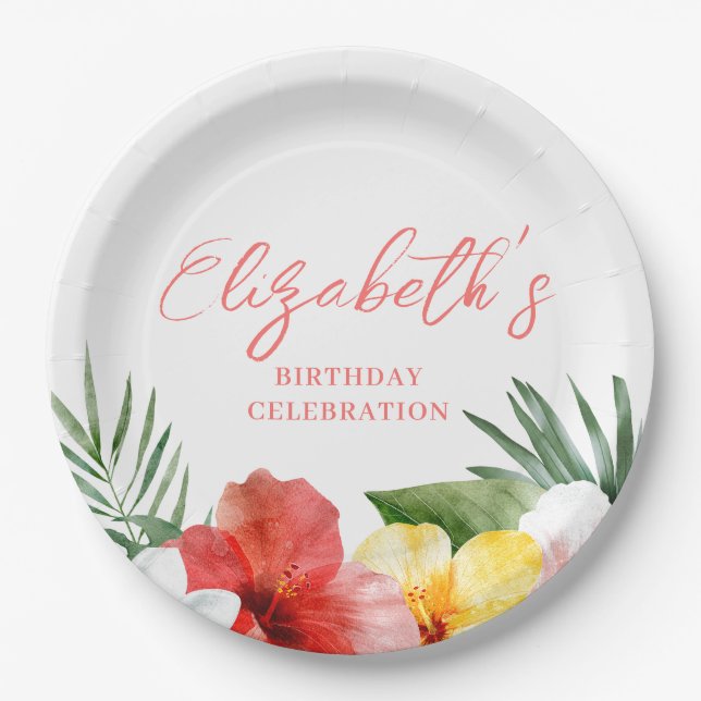 Plato De Papel Cumpleaños Floral Hawaiano (Anverso)