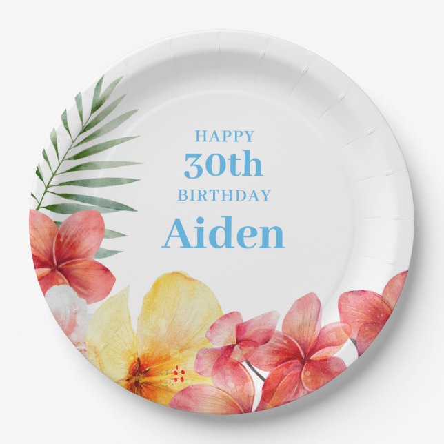 Plato De Papel Cumpleaños Floral Hawaiano (Anverso)