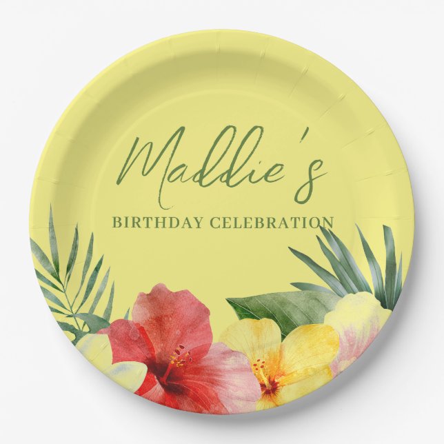 Plato De Papel Cumpleaños floral hawaiano amarillo (Anverso)