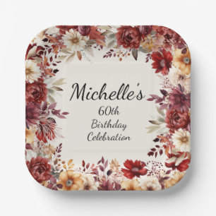 Plato De Papel Cumpleaños Floral Otoño Burgundy Cream 60