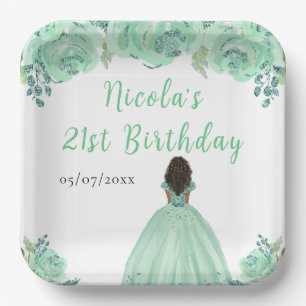Plato De Papel Cumpleaños Floral Princesa Piel Oscura Menta