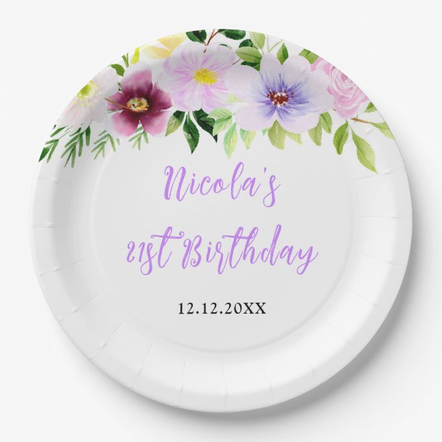 Plato De Papel Cumpleaños Floral Púrpura de Primavera (Anverso)