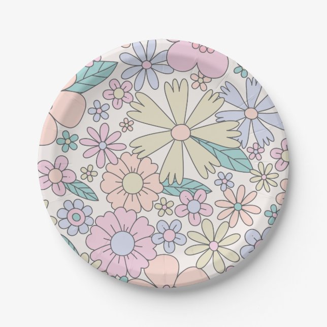 Plato De Papel Cumpleaños floral retro divertido (Anverso)