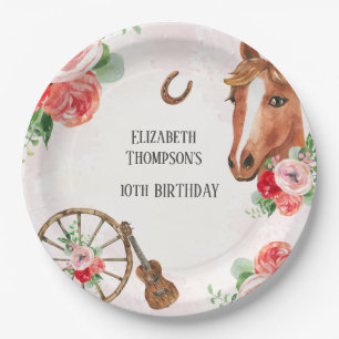 Plato De Papel Cumpleaños Floral Rosa de Caballo