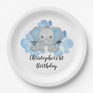 Plato De Papel Cumpleaños Flores Elefante Niño Azul Bebé