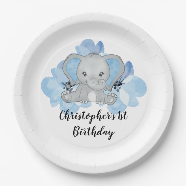 Plato De Papel Cumpleaños Flores Elefante Niño Azul Bebé  (Anverso)