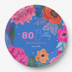 Plato De Papel Cumpleaños Flores Silvestres Brillantes Rosa Azul