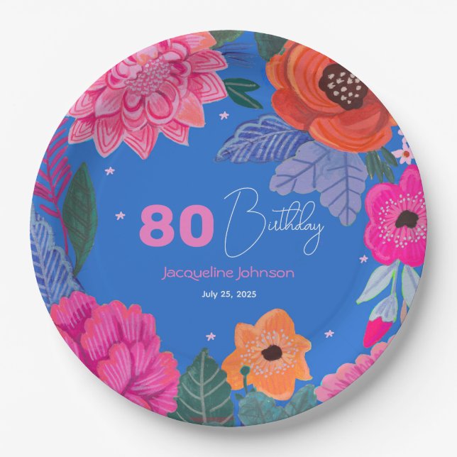 Plato De Papel Cumpleaños Flores Silvestres Brillantes Rosa Azul (Anverso)