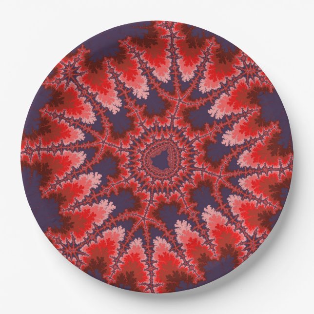 Plato De Papel Cumpleaños Fractal Rojo, Azul y Rosa (Anverso)