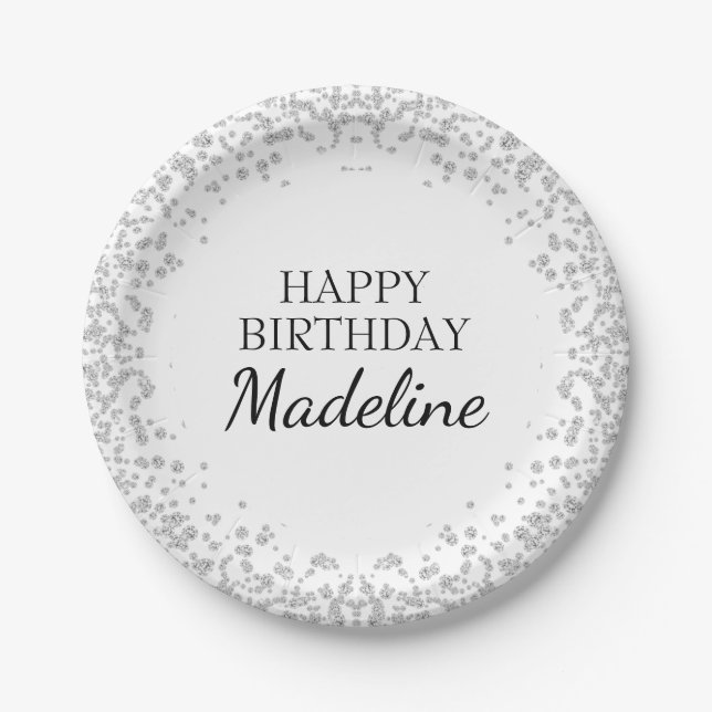 Plato De Papel Cumpleaños Glitter Diamante Blanco Plateado Elegan (Anverso)