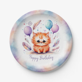 Plato De Papel Cumpleaños Globos Gatito Rojo Acuarela Adorable