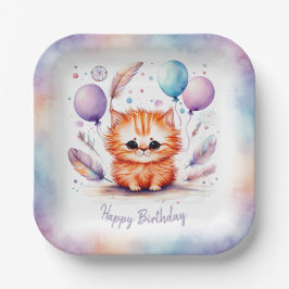 Plato De Papel Cumpleaños Globos Gatito Rojo Acuarela Adorable