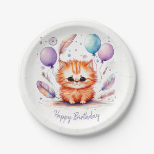 Plato De Papel Cumpleaños Globos Gatito Rojo Acuarela Bonito