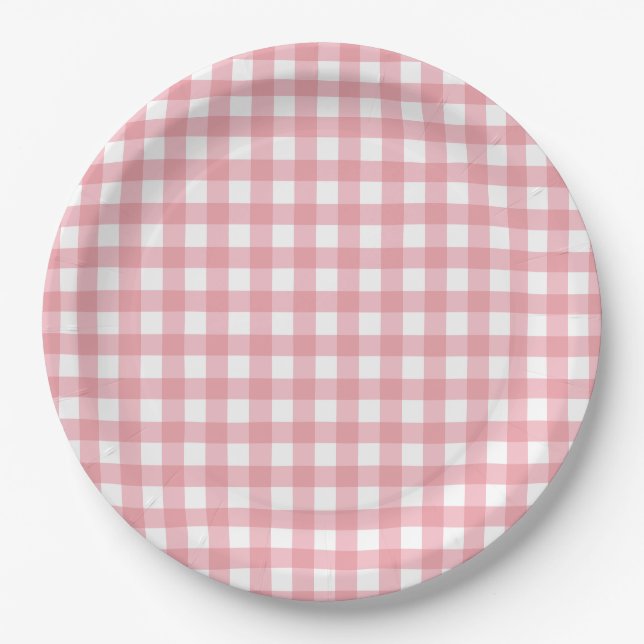 Plato De Papel Cumpleaños granja gingham rosa (Anverso)