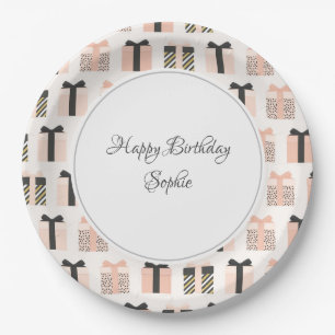 Plato De Papel Cumpleaños Gris y Peach Personalizado