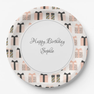 Plato De Papel Cumpleaños Gris y Peach Personalizado