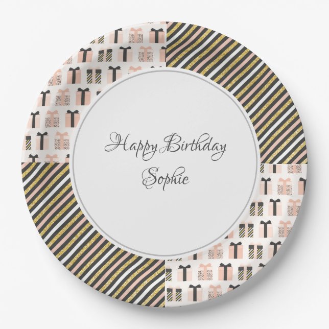 Plato De Papel Cumpleaños Gris y Peach Personalizado (Anverso)