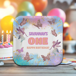 Plato De Papel Cumpleaños Hadas Mariposas Dorado Brillo 1