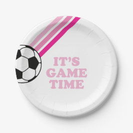 Plato De Papel Cumpleaños Hora del Partido Fútbol Rayas Rosas