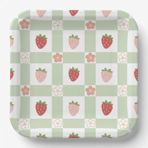 Plato De Papel Cumpleaños infantil con fresas a cuadros lindos 