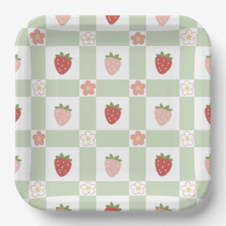 Plato De Papel Cumpleaños infantil con fresas a cuadros lindos