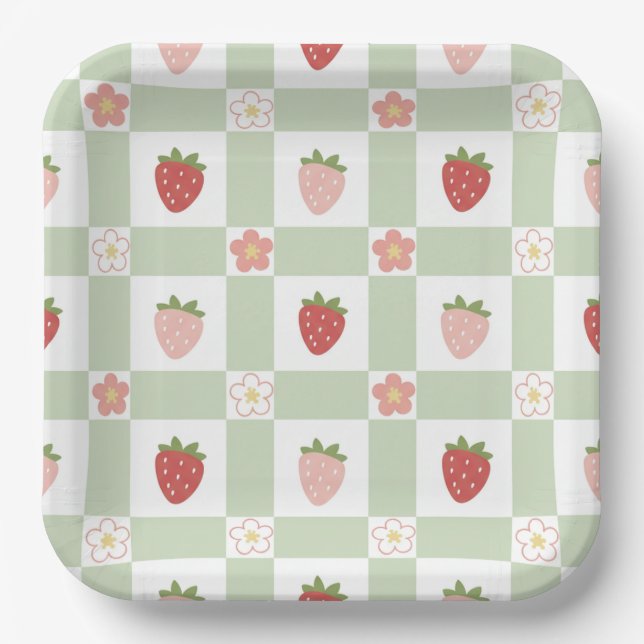 Plato De Papel Cumpleaños infantil con fresas a cuadros lindos  (Anverso)