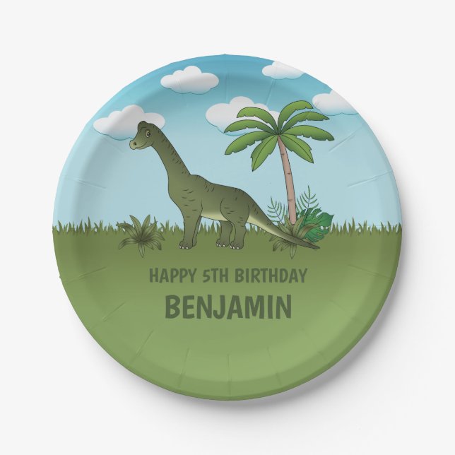 Plato De Papel Cumpleaños infantil de dinosaurio Brachiosaurus de (Anverso)