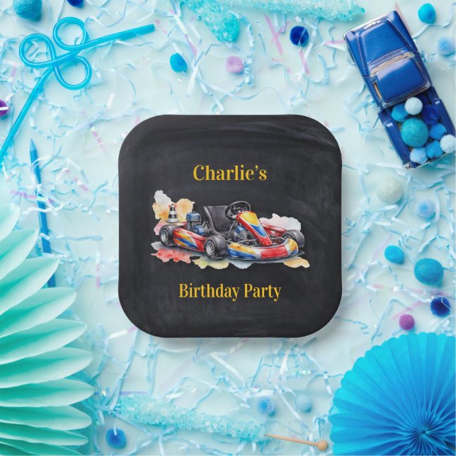 Plato De Papel Cumpleaños infantil de Kart con Acuarela (Fiesta)