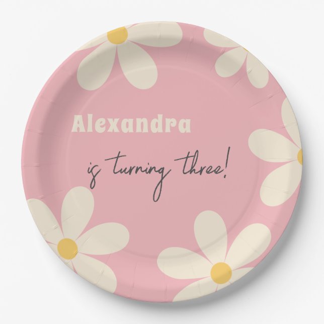 Plato De Papel Cumpleaños infantil floral Retro Daisy (Anverso)