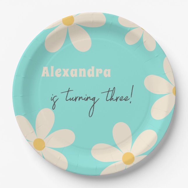 Plato De Papel Cumpleaños infantil floral Retro Daisy (Anverso)
