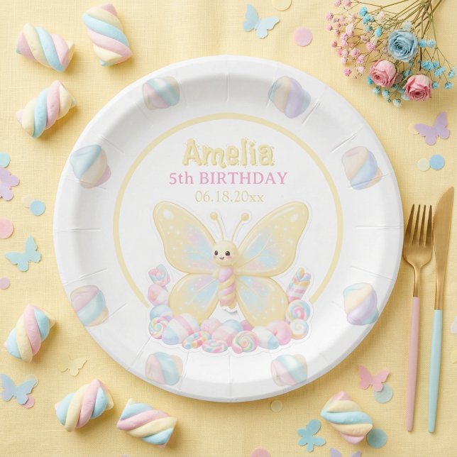 Plato De Papel Cumpleaños infantil Mariposa Malvavisco Amarillo (Yellow Marshmallow Butterfly Kids Birthday Paper Plate)