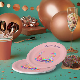 Plato De Papel Cumpleaños infantil personalizado de sirena bajo e