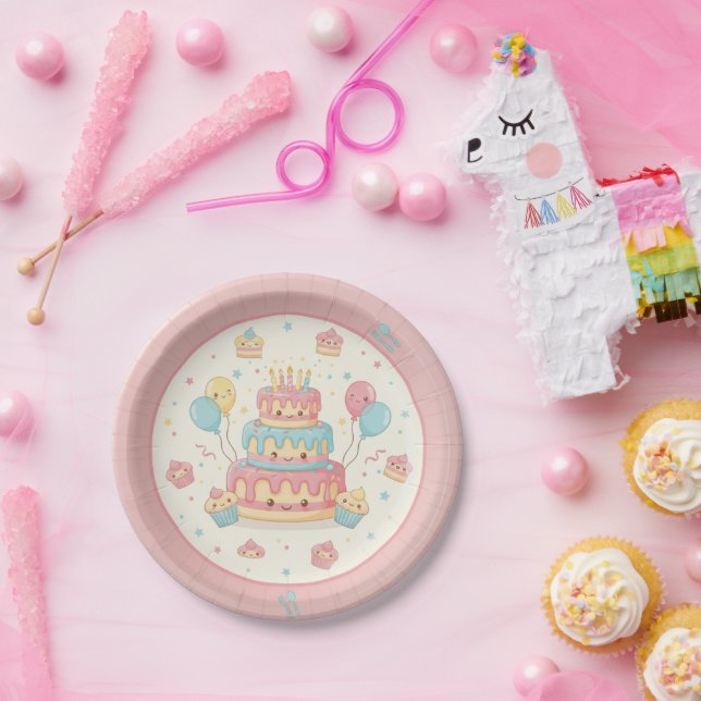 Plato De Papel Cumpleaños Kawaii - Pastel y Magdalenas Lindas (Fiesta)