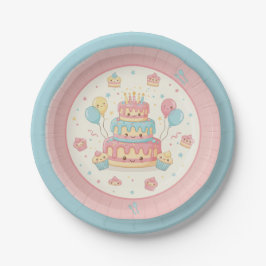 Plato De Papel Cumpleaños Kawaii - Pastel y Magdalenas Lindas