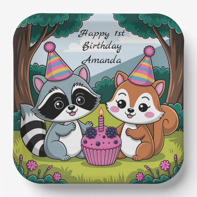 Plato De Papel Cumpleaños lindo de Ardilla y Mapache (Anverso)