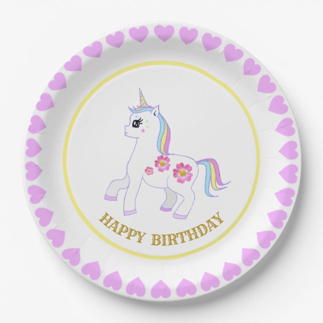 Plato De Papel Cumpleaños lindo Unicornio (Anverso)